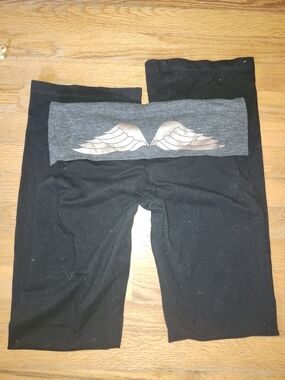 Victorias Secret Black Leggings with Grey Waistband and Metallic Wing Detail